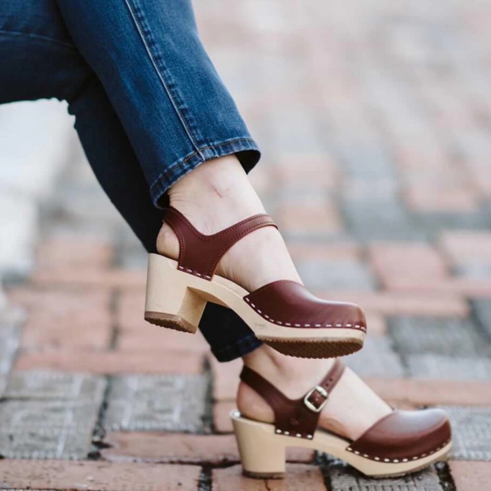 MIA Brown Leather Clog Heels with Natural Wood Platform